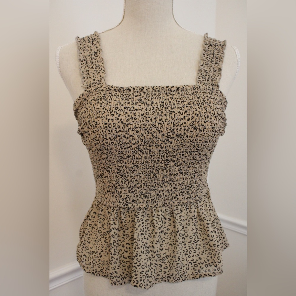 Japza Tan Black Leopard Print Ruche Top Tank Blouse Size Small